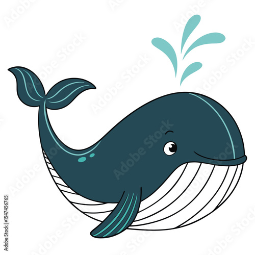 Cartoon Blue Whale with Water Spout Isolated on White Background Illustration