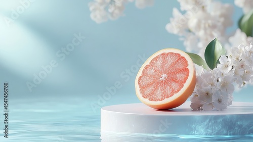 Grapefruit displayed on a sea-themed podium with glowing lights and a fantastical seascape, evoking a sense of freshness and exotic allure.