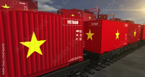 Vietnam export production and import containers on a freight wagons loop. Business concept of railway train transport and shipping with a Vietnamese flag. 3D loopable and seamless animation.