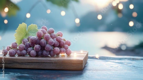 Grapes displayed on a sea-themed podium with glowing lights and a fantastical seascape, evoking a sense of freshness and exotic allure.