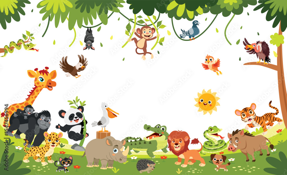 Fototapeta premium Cartoon Animals Posing At Forest