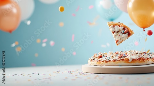 Leather podium adorned with confetti and balloons, highlighting a festive pizza display with vibrant colors.