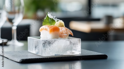 Crystal podium showcasing a sushi arrangement with sparkling, gemstone-like presentation, radiating brilliance.