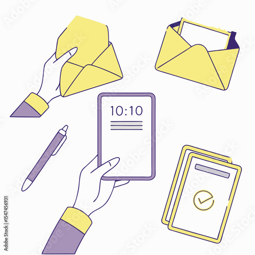 Business Tasks Illustration with Hands Envelopes Mobile Phone Pen and Completed Checklist on White
