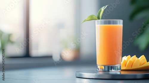 Mango smoothie on a chrome, golden podium with exquisite detailing.