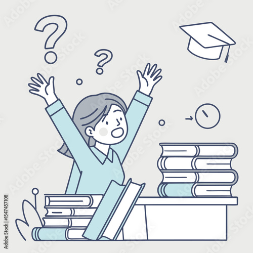 Overwhelmed student with questions books and graduation cap in a flat vector illustration