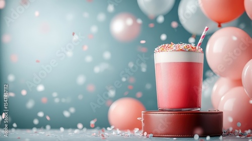 Cranberry juice on a leather podium surrounded by confetti and balloons.