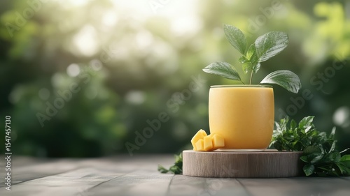 Mango smoothie on a podium in a fairytale forest with magical surroundings.
