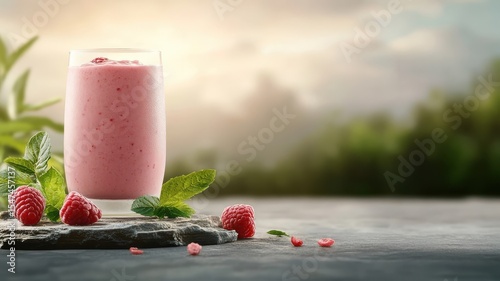 Raspberry smoothie on a stone podium in a rugged, natural setting.