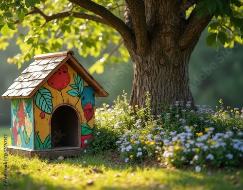 Artistic dog house with murals beside a shady elm tree, surrounded by blooming ground cover Generative AI