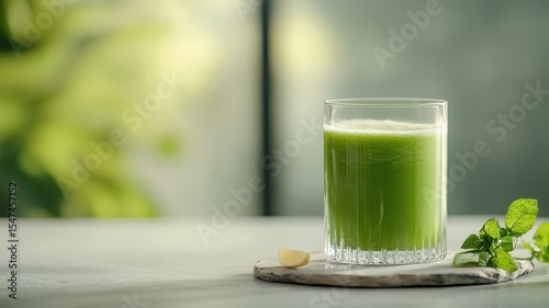 Green smoothie on a crystal podium adorned with gemstone accents.