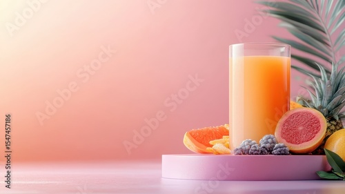 Mixed fruit juice on a rainbow podium with a shimmering curtain.
