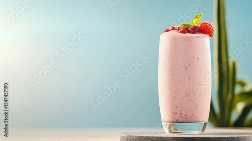 Mixed berry smoothie on a desert podium next to a tall cactus.