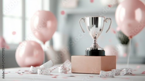 Silver trophy on a leather podium surrounded by confetti and balloons.