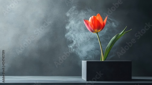 A striking tulip on a black podium with swirling smoke effects.