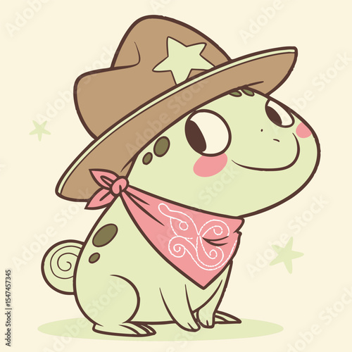 Cartoon Chameleon Cowboy with Bandana and Hat Cute Western Animal Illustration