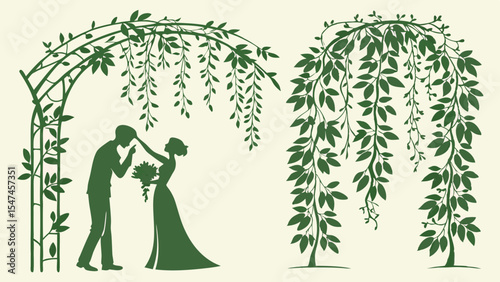 Romantic green silhouette vector of a wedding couple under a leafy garden arch, with elegant weeping willow trees. Perfect for nature-themed events.