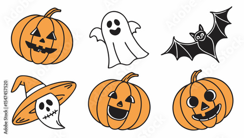 Adorable cartoon Halloween vector elements featuring happy jack-o-lanterns, a cute ghost, a witch hat ghost, and a spooky bat illustration.