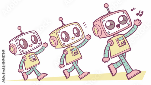 Three adorable pastel cartoon robots walk and sing happily in a whimsical line. Cute kawaii vector illustration for children, education, technology, and fun.