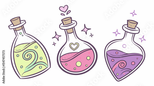 Whimsical vector illustration of three cute cartoon magical fantasy potion bottles with colorful green, pink, and purple elixirs, featuring hearts and sparkling effects.