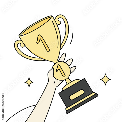 Hand Holding Up a Gold Trophy with the Number One and Stars
