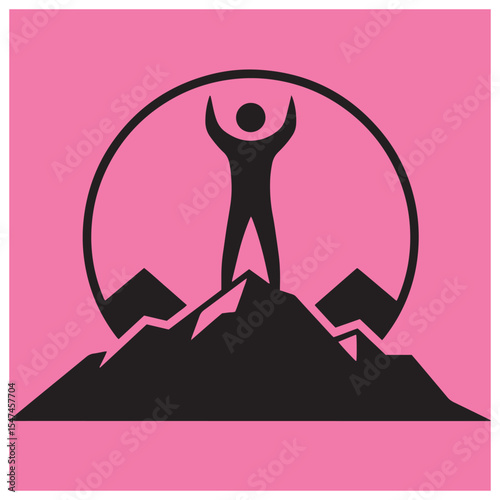 Black silhouette of a person reaching the summit of mountains achieving success