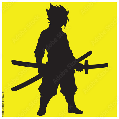 Black silhouette of a swordsman holding two katana swords on a yellow background