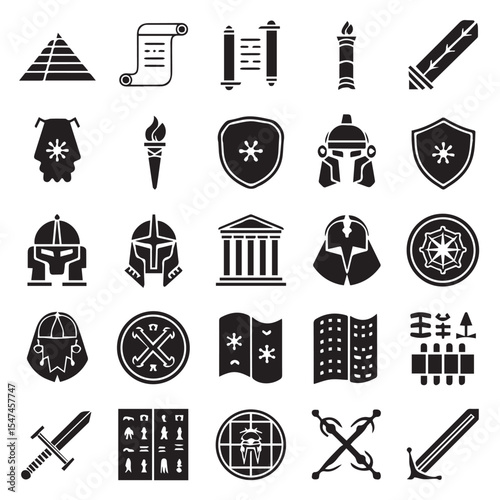 Collection of ancient civilization themed black glyph icons