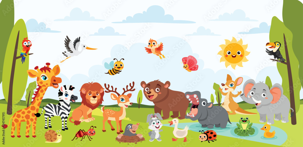Fototapeta premium Cartoon Animals Posing At Forest
