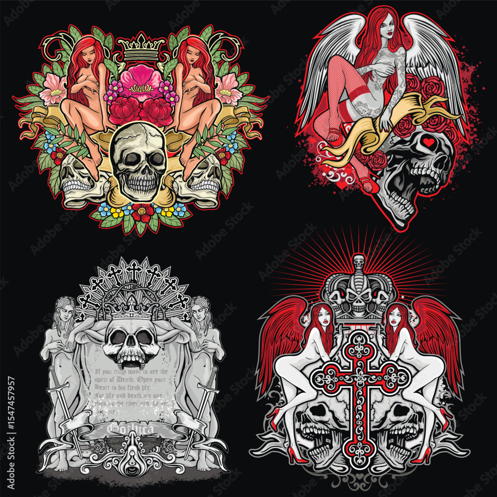 Obraz premium set, gothic sign with skull, grunge vintage design t shirts