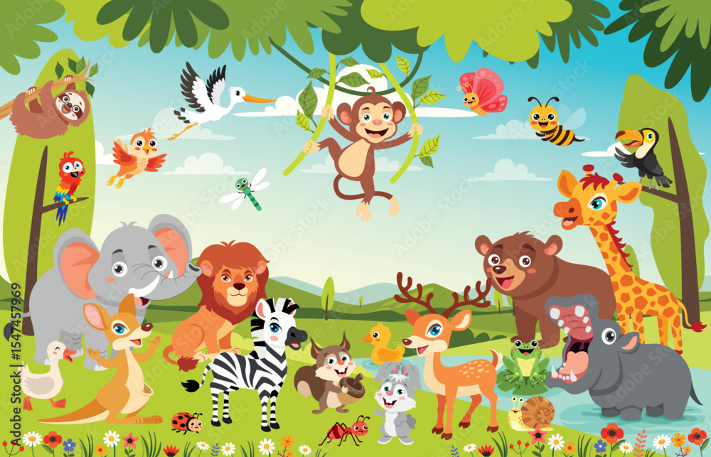 Fototapeta premium Cartoon Animals Posing At Forest