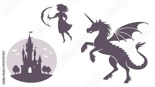 Fantasy fairytale silhouettes with a magical castle, a brave girl archer, and a powerful winged dragon-unicorn mythical creature on a clean white background.