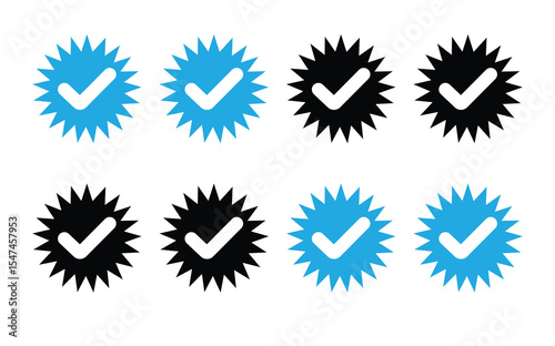 Verified Checkmark Icons Set Blue Black White Starburst Approval Quality Guarantee Badge Design Elements, silhouette.Checkmark logo,Checkmark vector,