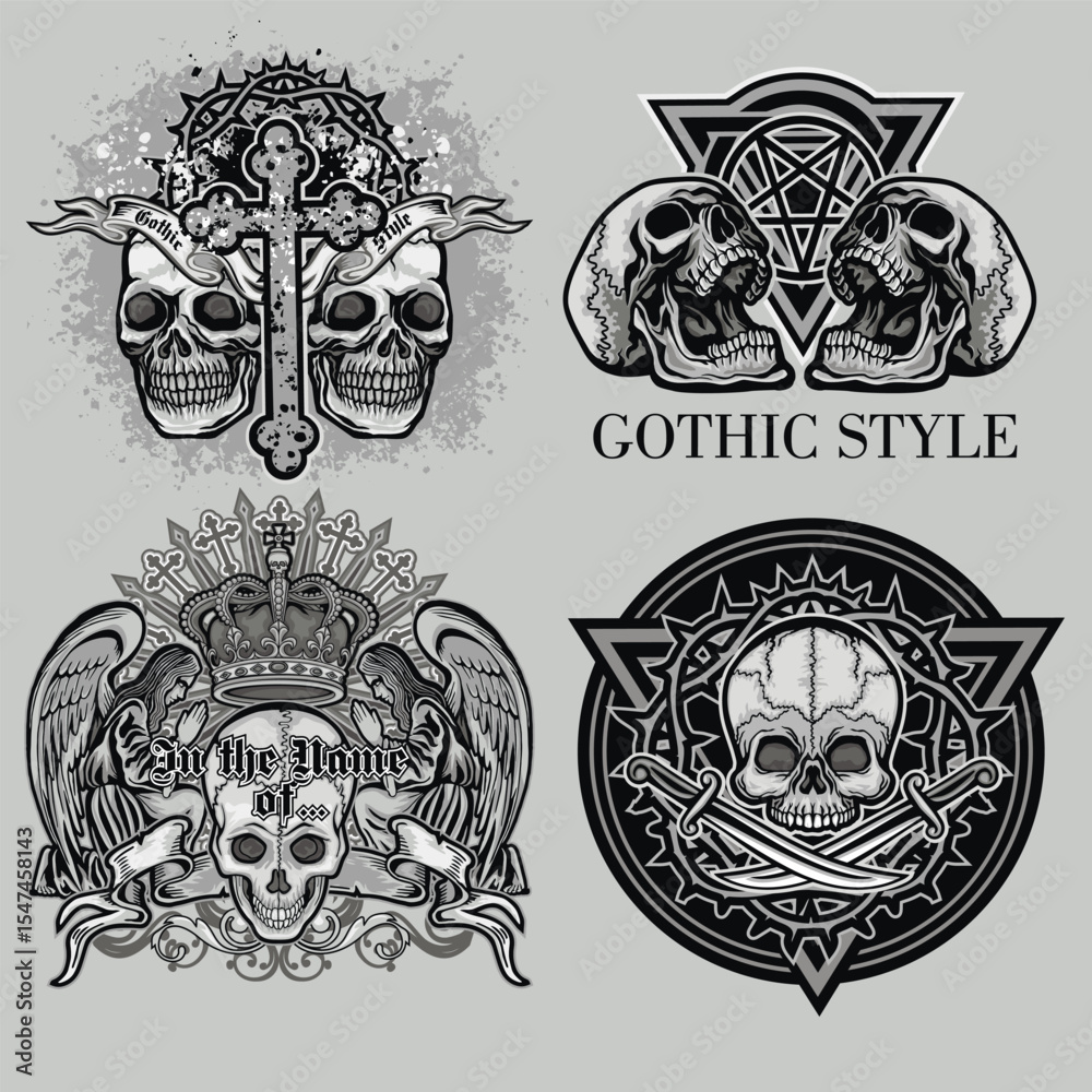 Naklejka premium set, gothic sign with skull, grunge vintage design t shirts 