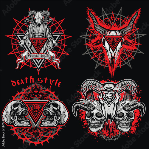 set, gothic sign with skull, grunge vintage design t shirts
