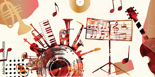 Music background with colorful music instruments and vinyl record disc vector illustration