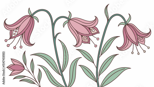 Artistic pink bell flowers with green leaves, a stylized botanical illustration in a delicate vintage art nouveau style, perfect for ornamental designs.