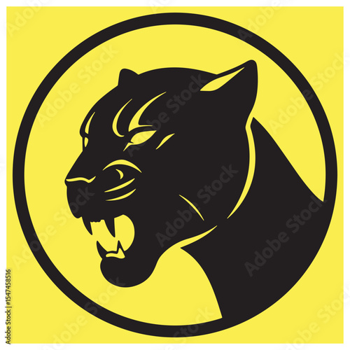 Fierce black panther silhouette roaring inside a yellow circle on a bright yellow background