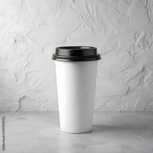 White Travel Mug Mockup with Black Lid on Textured White Background