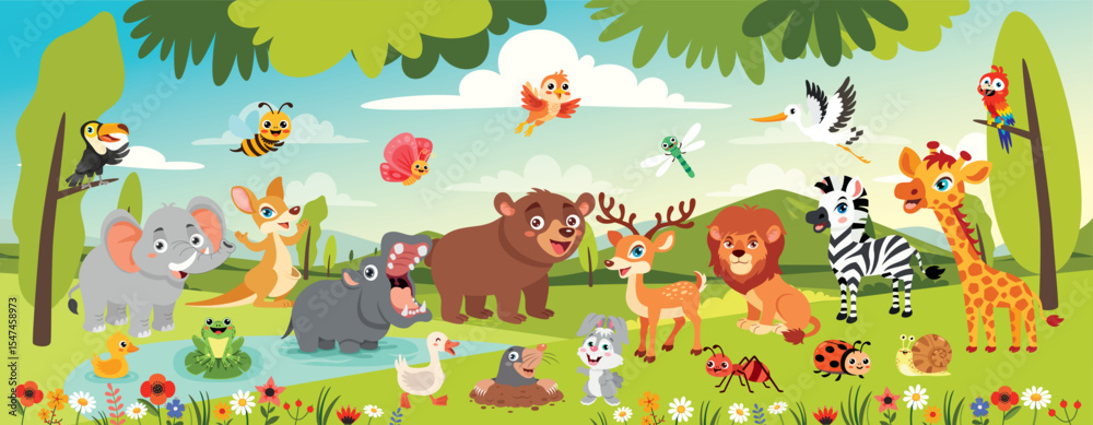 Fototapeta premium Cartoon Animals Posing At Forest
