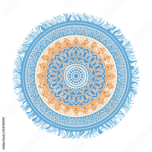 Beige Blue Round Mandala Beach Towel