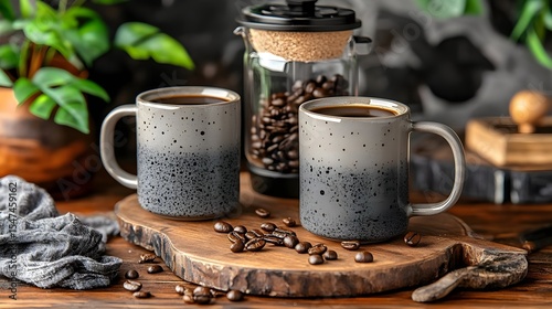 Two Cups of Coffee on Wooden Board with Coffee Beans, mugs, rustic, dark, grey, speckled