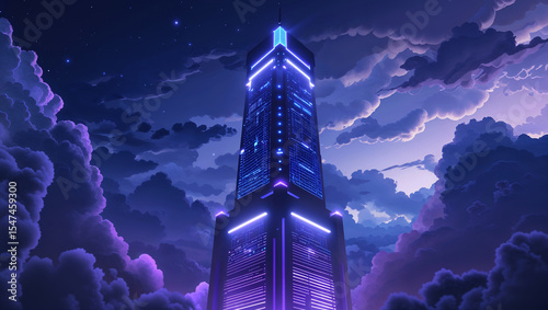 Futuristic cyberpunk skyscraper against a dramatic night sky of swirling clouds and stars