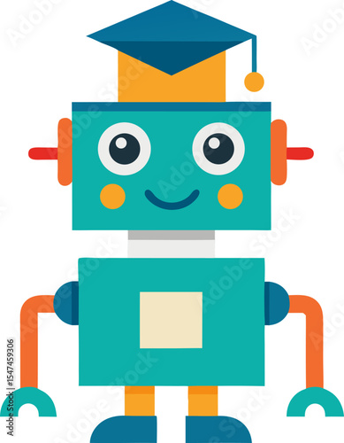Cartoon robot school with learning machines, colourful vector illustration with white background.