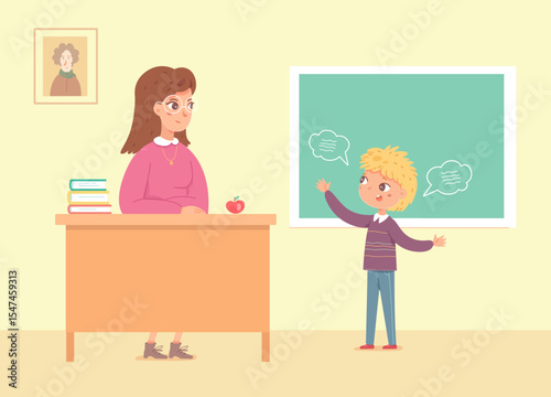 Teacher and student in classroom. Boy speaks at blackboard while female teacher listens at desk. Educational scene with chalkboard. Vector illustration.