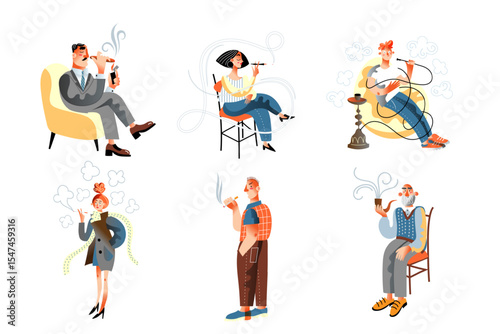 Groups of people engage in smoking activities in different styles and locations.