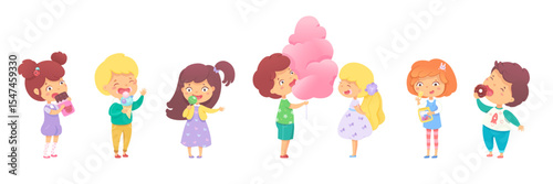 A group of cheerful children is enjoying various sweets at a vibrant fair. They are happily eating snacks, holding treats, and sharing joyful moments filled with laughter and excitement.