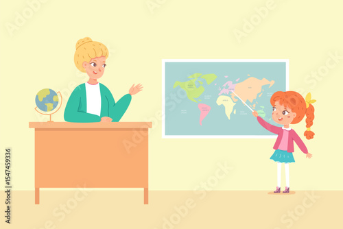 Teacher and student in geography lesson. Girl points at world map with pointer while teacher listens at desk with globe. Educational classroom scene. Vector illustration.