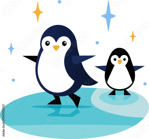 Cute penguins ice-skating on a sparkling frozen lake, vector art with white background.