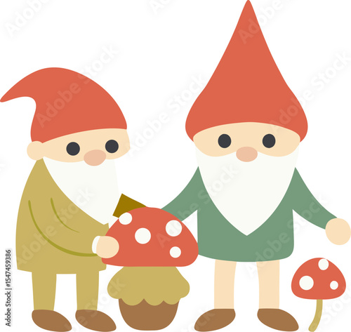Friendly forest gnomes collecting mushrooms, pastel vector design with white background.